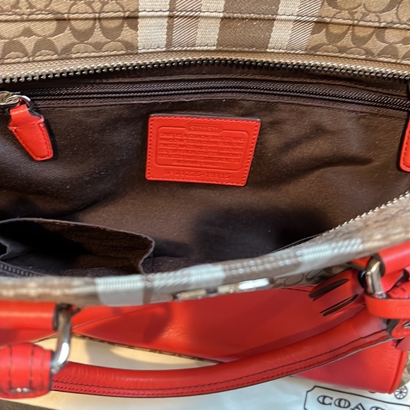 Vintage. Authentic. Leather and Canvas Orange Coach Satchel with Silver Details. - Picture 5 of 10